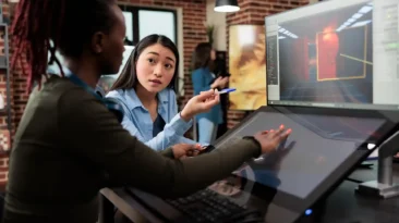 Team of developers collaborating in a modern office environment, representing the innovative work culture in the Best Cities for Startup IT Jobs in the World.